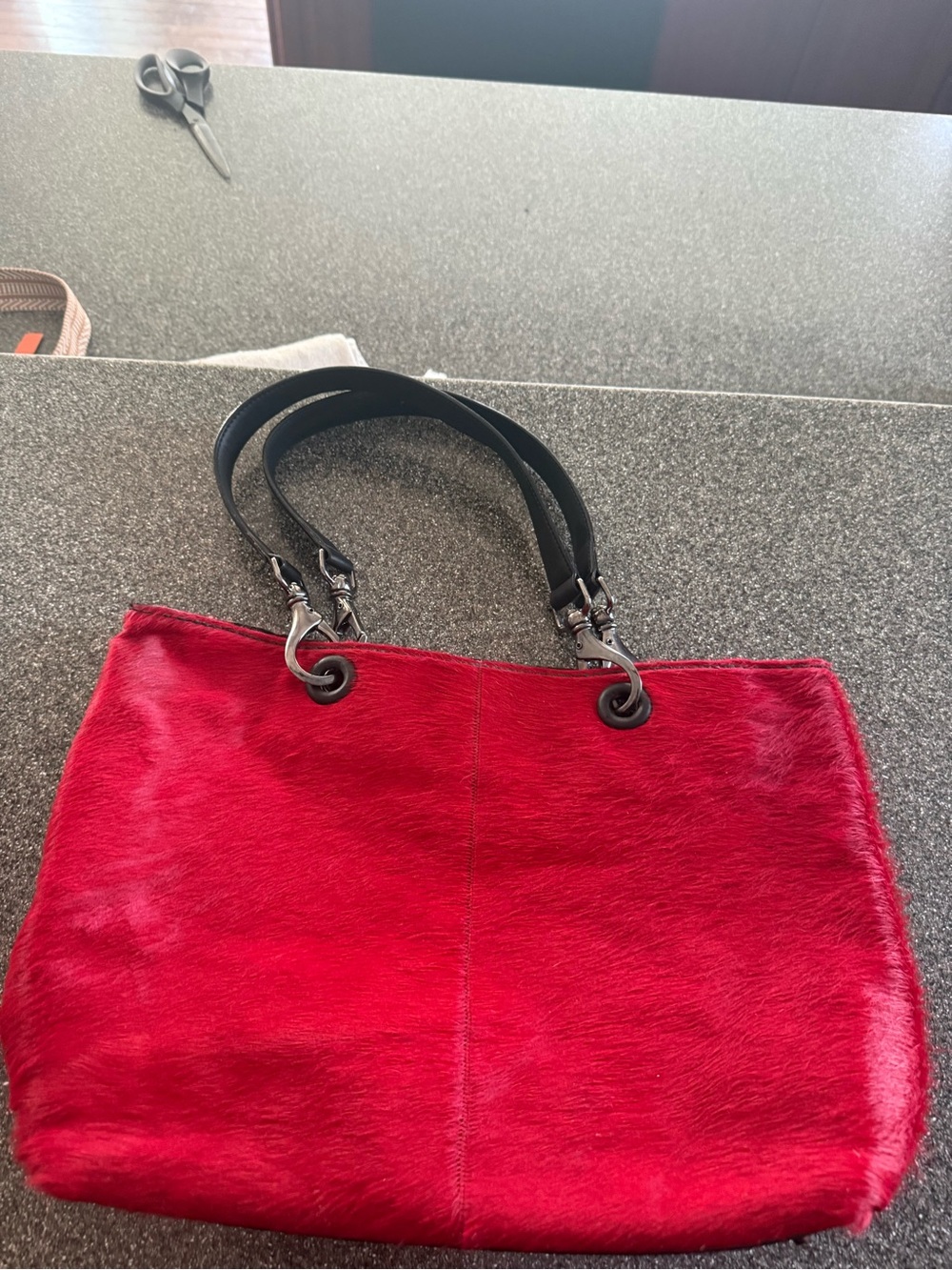 Red Faux-Hair Tote with Black Handles